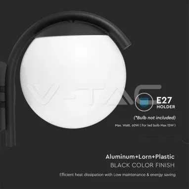 Zidna lampa crna sa opalnom kuglom 1xE27 IP44 V-TAC