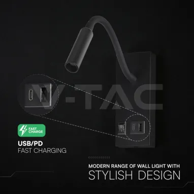 LED zidna svetiljka crna flexi sa USB i prekidačem V-TAC