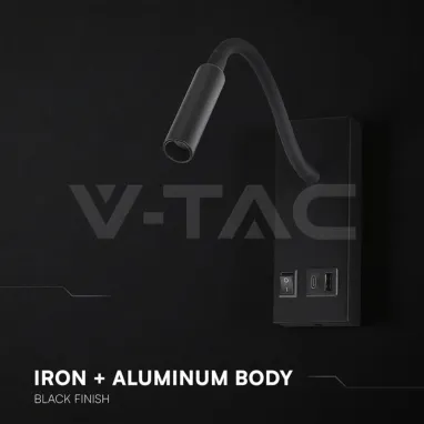 LED zidna svetiljka crna flexi sa USB i prekidačem V-TAC