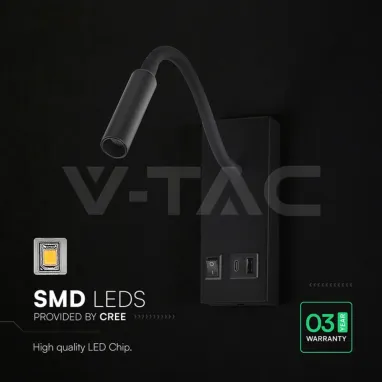 LED zidna svetiljka crna flexi sa USB i prekidačem V-TAC
