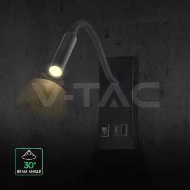LED zidna svetiljka crna flexi sa USB i prekidačem V-TAC