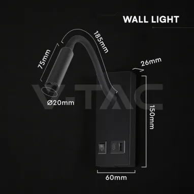 LED zidna svetiljka crna flexi sa USB i prekidačem V-TAC