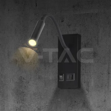 LED zidna svetiljka crna flexi sa USB i prekidačem V-TAC